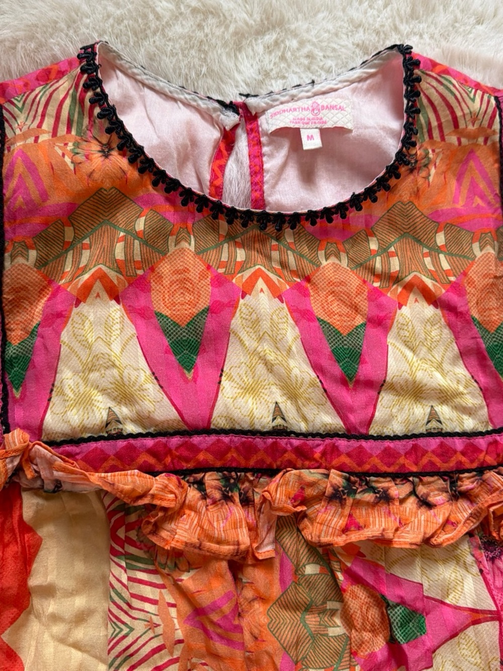Anthropologie Siddhartha Bansal Pink Orange Printed Ruffle Top - Picture 4 of 6